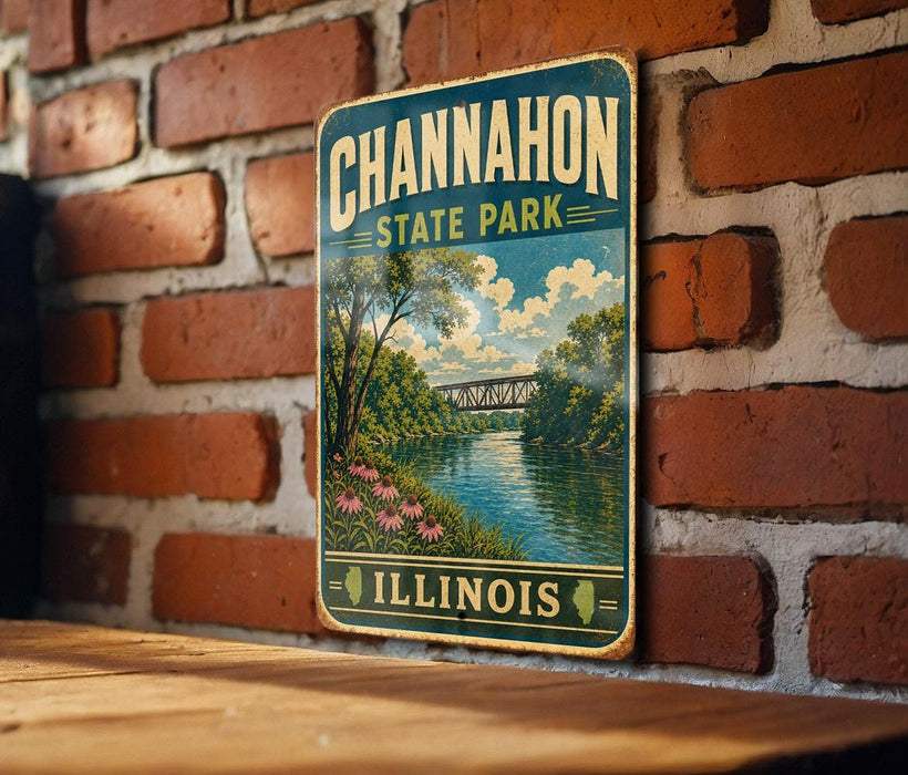 A vintage-style sign for Channahon State Park in Illinois, featuring a scenic illustration of a river and lush greenery.