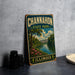 A vintage-style metal sign for Channahon State Park in Illinois, featuring a scenic landscape with a river, bridge, and trees.