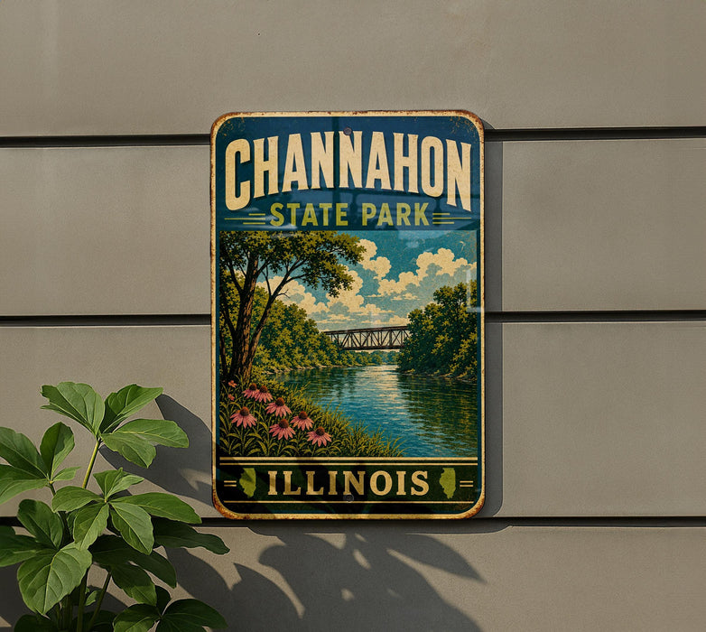 A vintage-style metal sign for Channahon State Park in Illinois, featuring a scenic landscape with a river, bridge, and flowers.