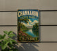 A vintage-style metal sign for Channahon State Park in Illinois, featuring a scenic landscape with a river, bridge, and flowers.