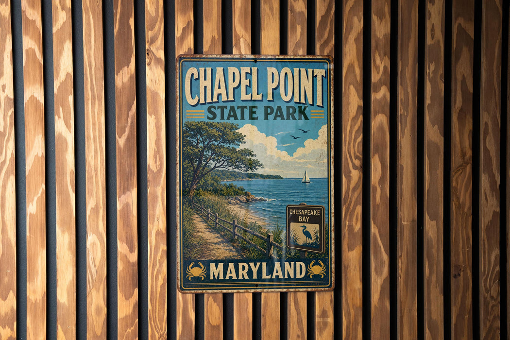 A vintage metal sign for Chapel Point State Park in Maryland, featuring a scenic landscape with a beach, trees, and a body of water.