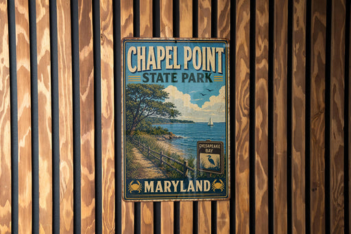 A vintage metal sign for Chapel Point State Park in Maryland, featuring a scenic landscape with a beach, trees, and a body of water.