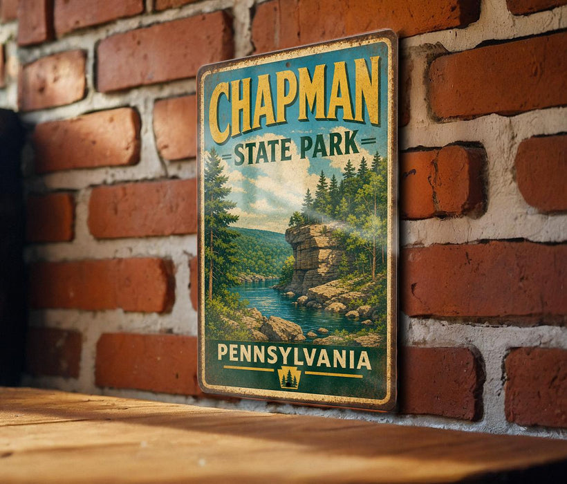 A vintage-style metal sign for Chapman State Park in Pennsylvania, featuring a scenic landscape with a river and forest.