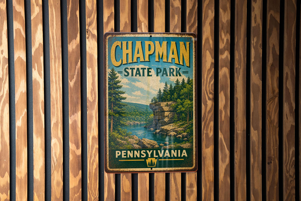 A vintage metal sign for Chapman State Park in Pennsylvania, featuring a scenic landscape with a river and forest.