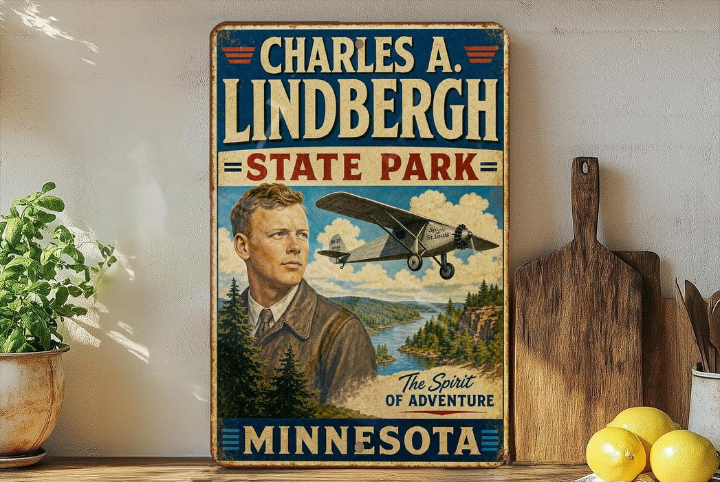 A vintage-style sign for Charles A. Lindbergh State Park in Minnesota, featuring an illustration of a man in a suit and tie standing in front of a scenic landscape with a biplane in the background.