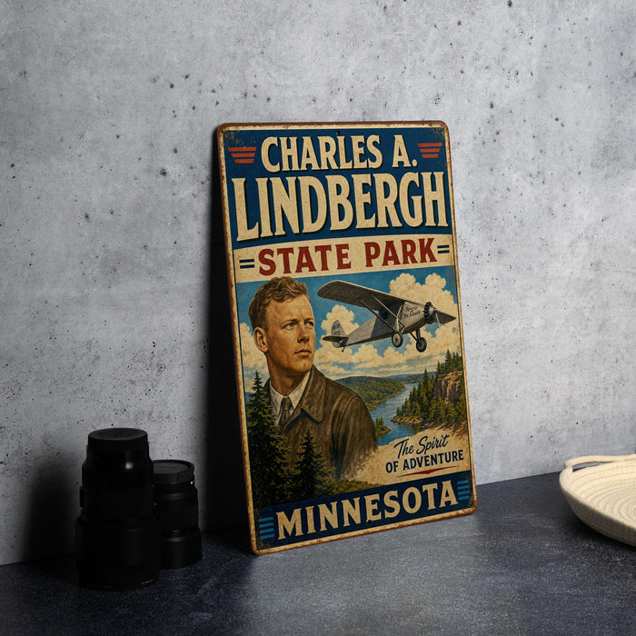 A vintage-style metal sign featuring a portrait of Charles A. Lindbergh, the famous aviator, and the text "State Park" and "The Spirit of Adventure Minnesota".