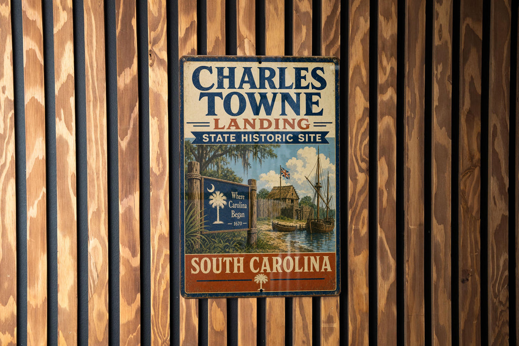 A vintage-style metal sign for Charles Towne Landing, a historic site in South Carolina, featuring a ship and palm trees.