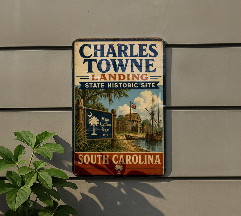 A vintage-style sign for Charles Towne Landing, a state historic site in South Carolina, featuring a historical illustration of a coastal town with palm trees and a ship.