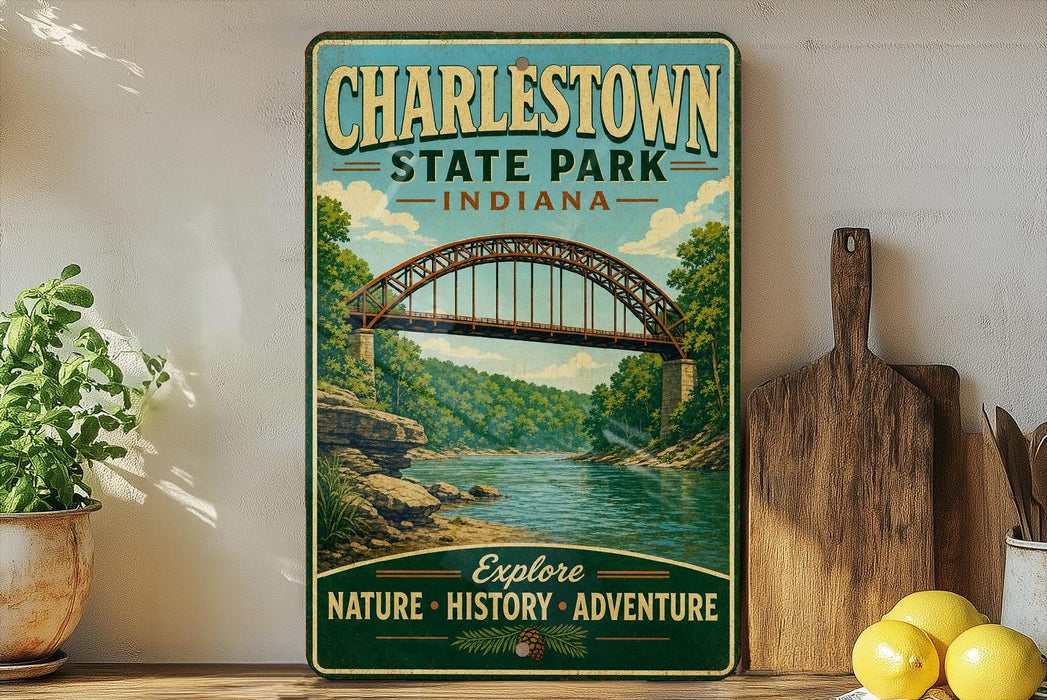 A vintage-style metal sign for Charlestown State Park in Indiana, featuring a scenic illustration of a bridge over a river surrounded by lush greenery.