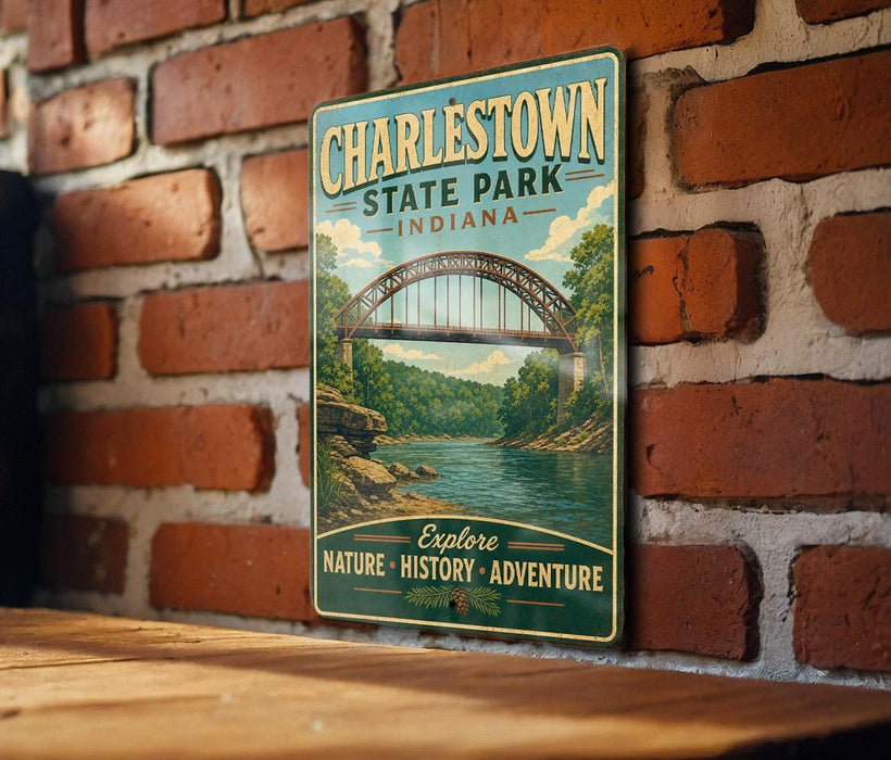 A vintage-style metal sign for Charlestown State Park in Indiana, featuring a scenic illustration of a bridge over a river surrounded by lush greenery.