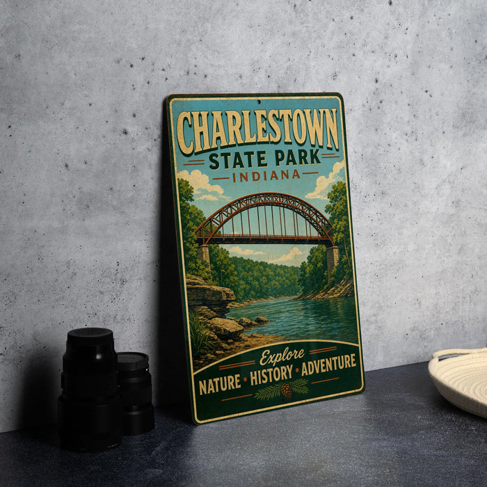 A vintage-style metal sign for "Charleston State Park, Indiana" featuring a bridge and a river, with the text "Explore Nature, History, Adventure" on it.