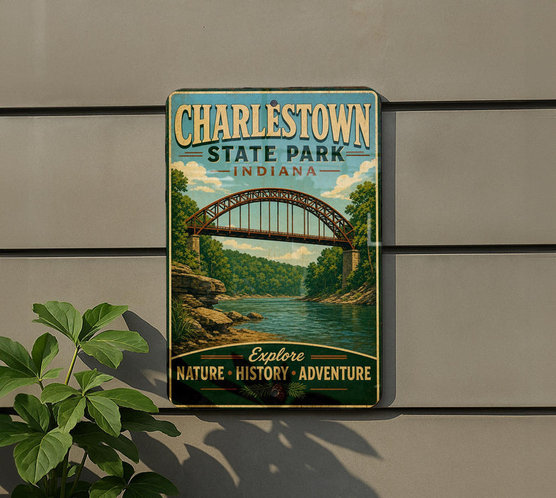 A vintage-style metal sign for Charlestown State Park, Indiana, featuring a scenic bridge over a river surrounded by lush greenery.