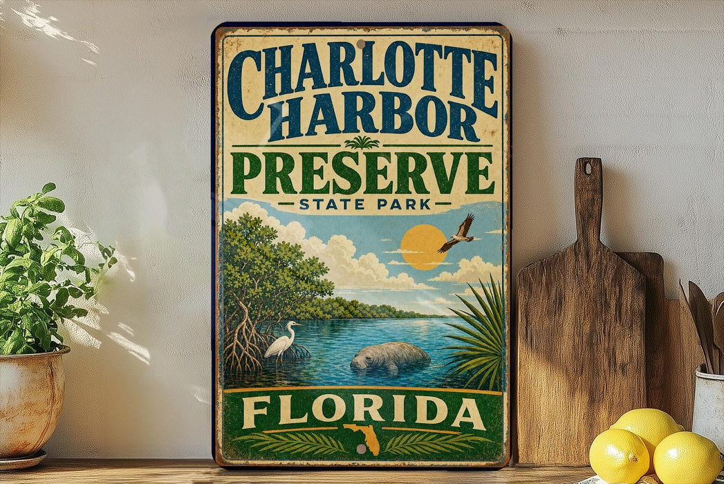 A vintage-style metal sign for Charlotte Harbor Preserve, Florida, featuring an illustration of a bird, palm tree, and water with a sun in the background.