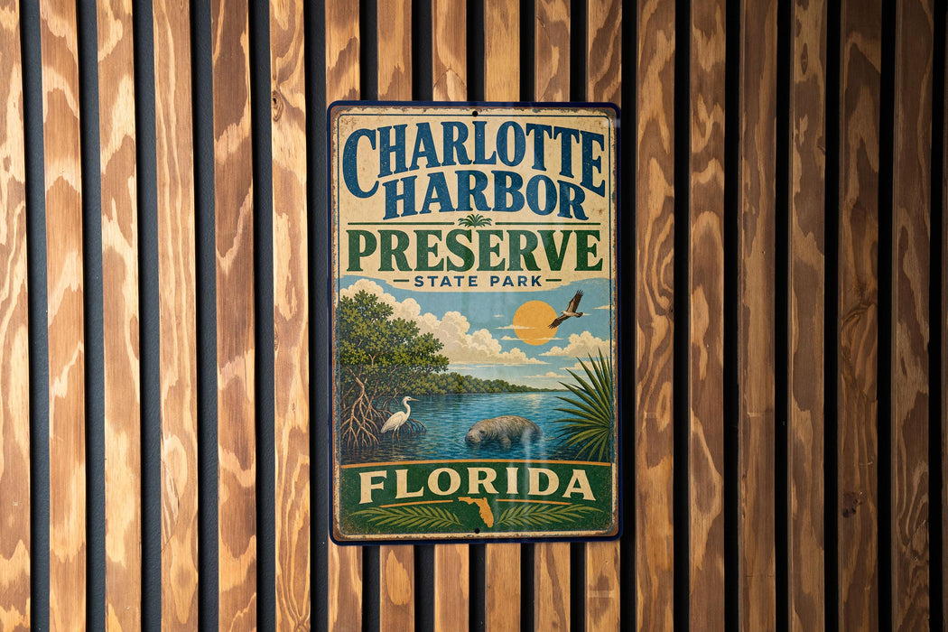A vintage-style sign for Charlotte Harbor Preserve, Florida, featuring a scenic illustration of the park's natural surroundings.