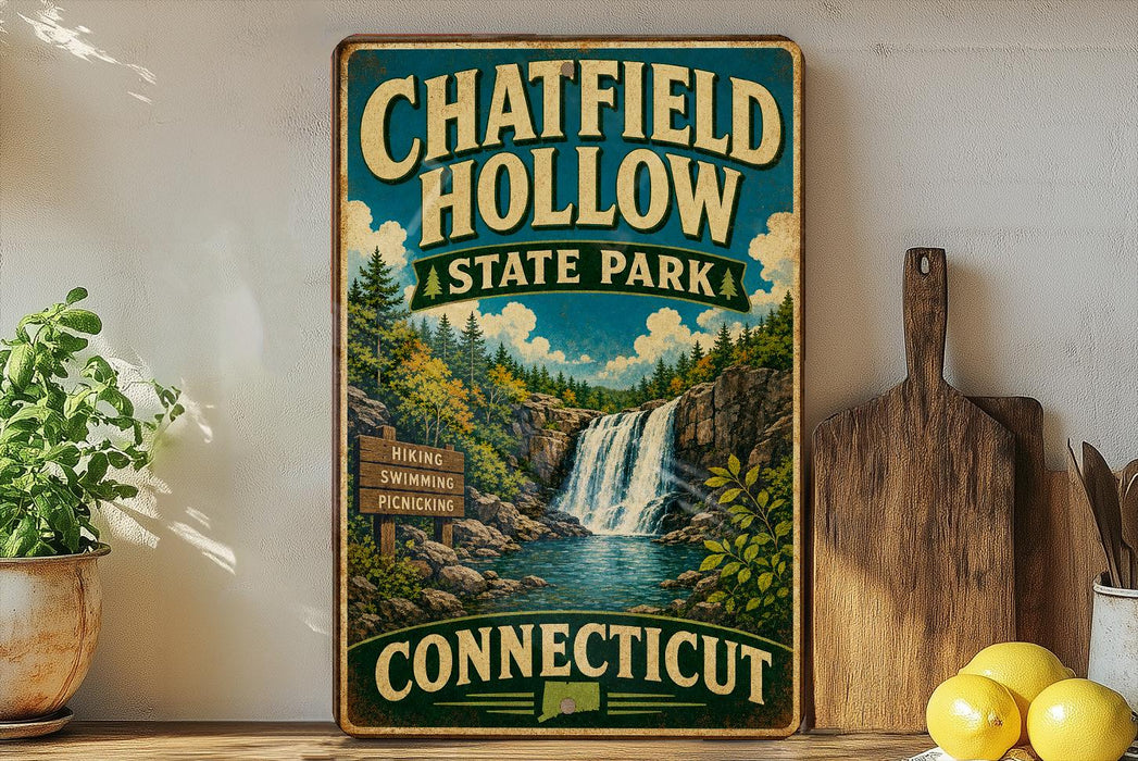 A vintage-style sign for Chatfield Hollow State Park in Connecticut, featuring a scenic illustration of a waterfall surrounded by lush greenery.