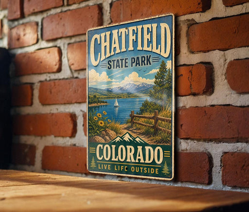 A vintage metal sign for Chatfield State Park in Colorado, featuring a scenic landscape with mountains, a lake, and a sailboat.