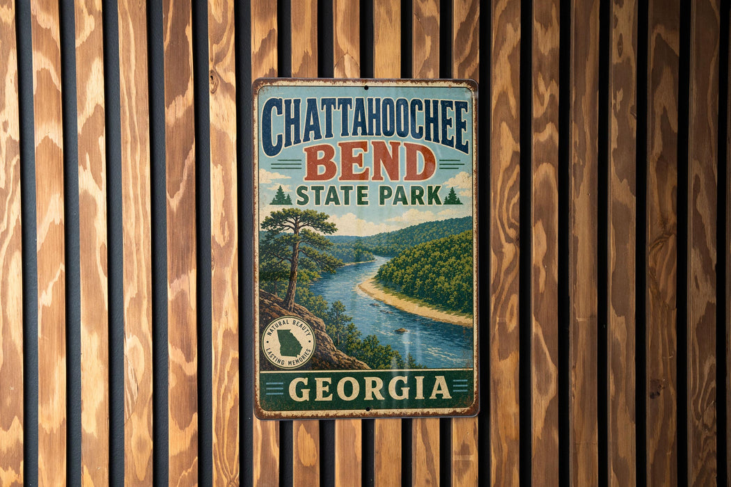 A vintage metal sign for Chattanooga Bend State Park in Georgia, featuring a scenic landscape with a river and forest.