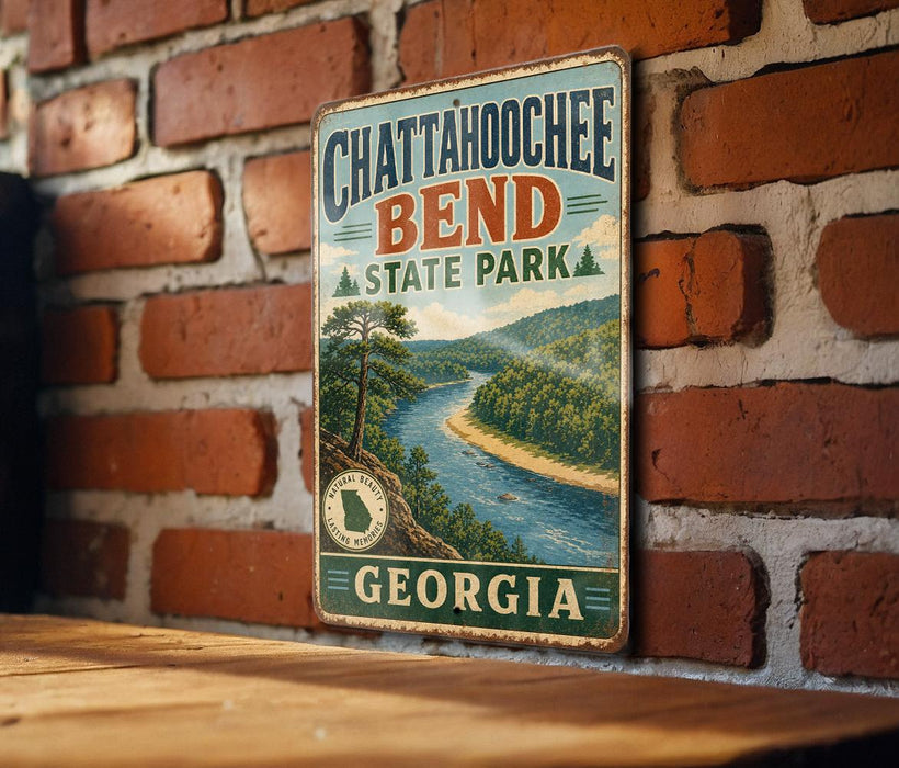 A vintage metal sign for Chattanooga Bend State Park in Georgia, featuring a scenic landscape with a river and mountains.