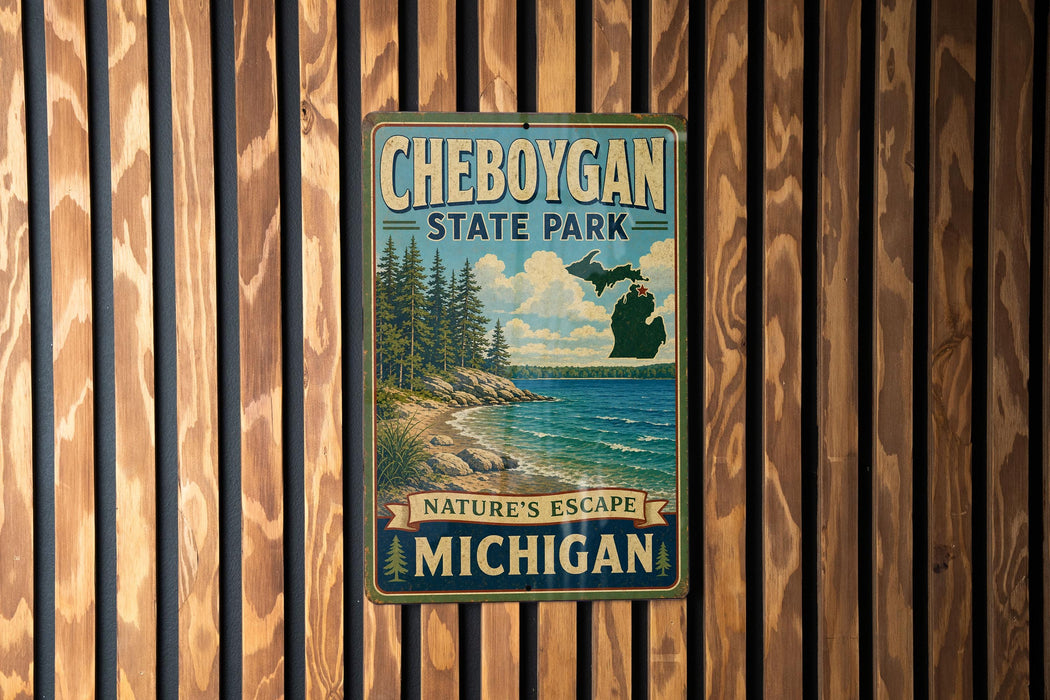 A vintage-style metal sign for Cheboygan State Park, featuring a scenic landscape with pine trees, a lake, and mountains.