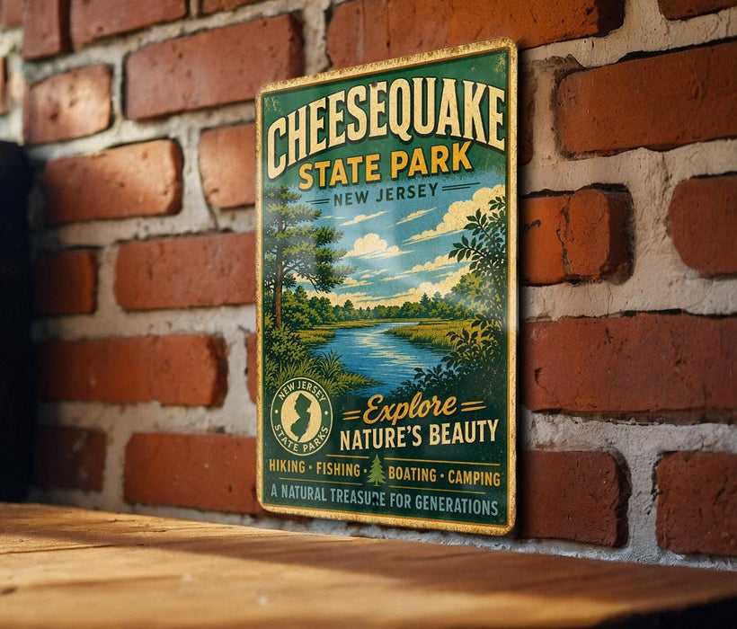 A vintage metal sign for Cheesecake State Park in New Jersey, featuring a scenic landscape with a river and trees.