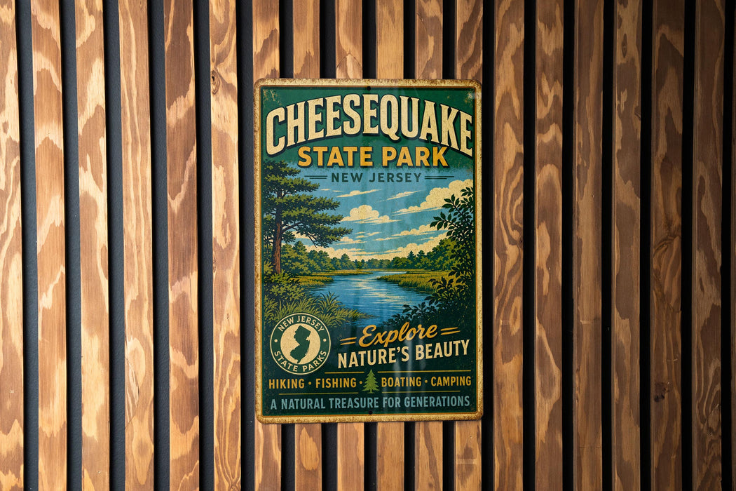 A vintage-style metal sign for Cheesecake State Park in New Jersey, featuring a scenic landscape with a river and trees.