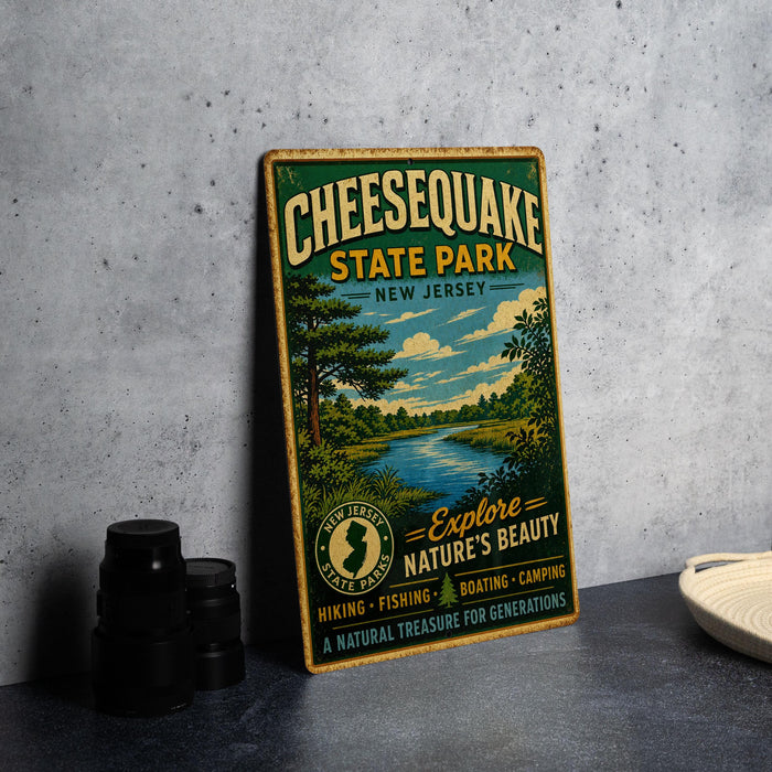 A vintage-style metal sign for Chesequake State Park in New Jersey, featuring a scenic landscape with a river and trees.
