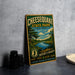 A vintage-style metal sign for Chesequake State Park in New Jersey, featuring a scenic landscape with a river and trees.