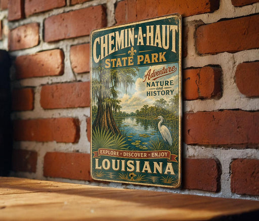 A vintage-style metal sign for Chemin-A-Haut State Park, featuring a scenic illustration of a marshy area with a bird and water.