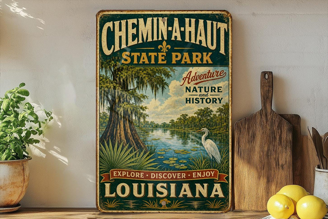 A vintage-style metal sign for Chemin-a-Haut State Park, featuring a lush landscape with a bird and a pond, along with the text "Adventure Nature and History" and "Louisiana".