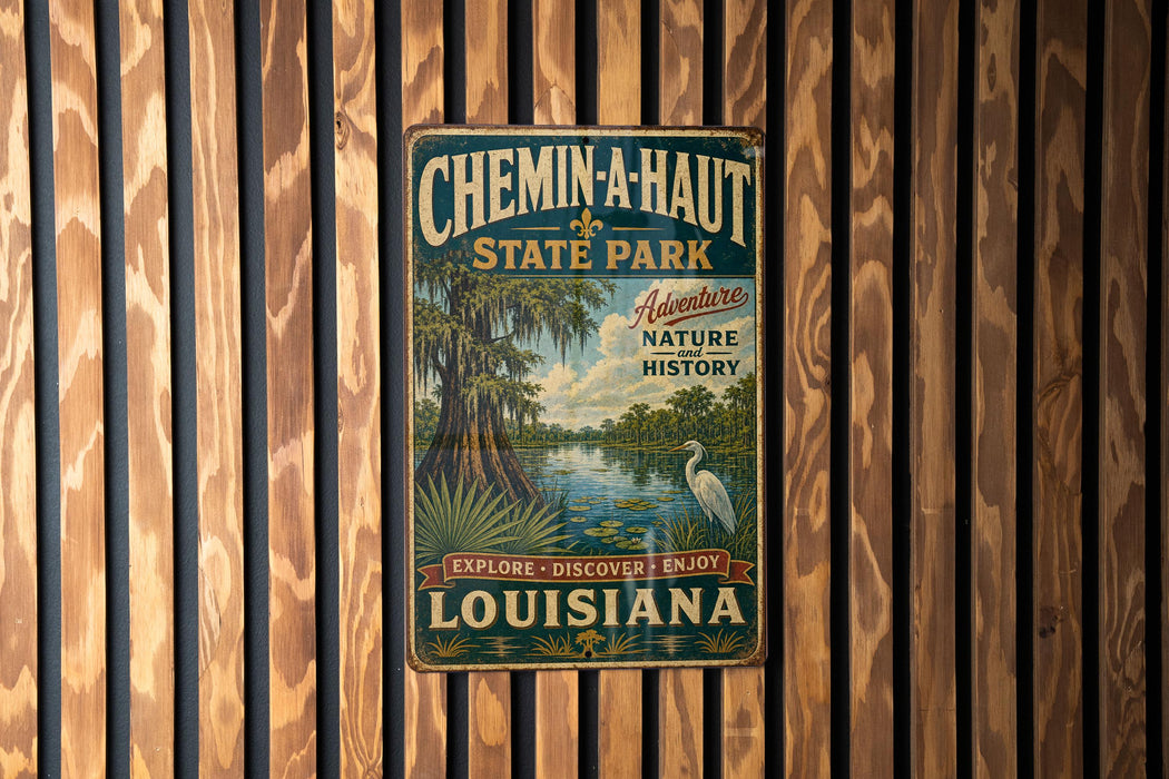 A vintage-style metal sign for Chemin-a-Haut State Park in Louisiana, featuring a scenic illustration of a bayou landscape with a bird in flight.