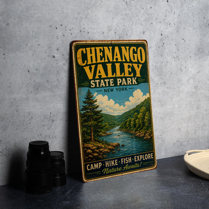A vintage metal sign for Chenango Valley State Park in New York, featuring a scenic illustration of a river and forest landscape.
