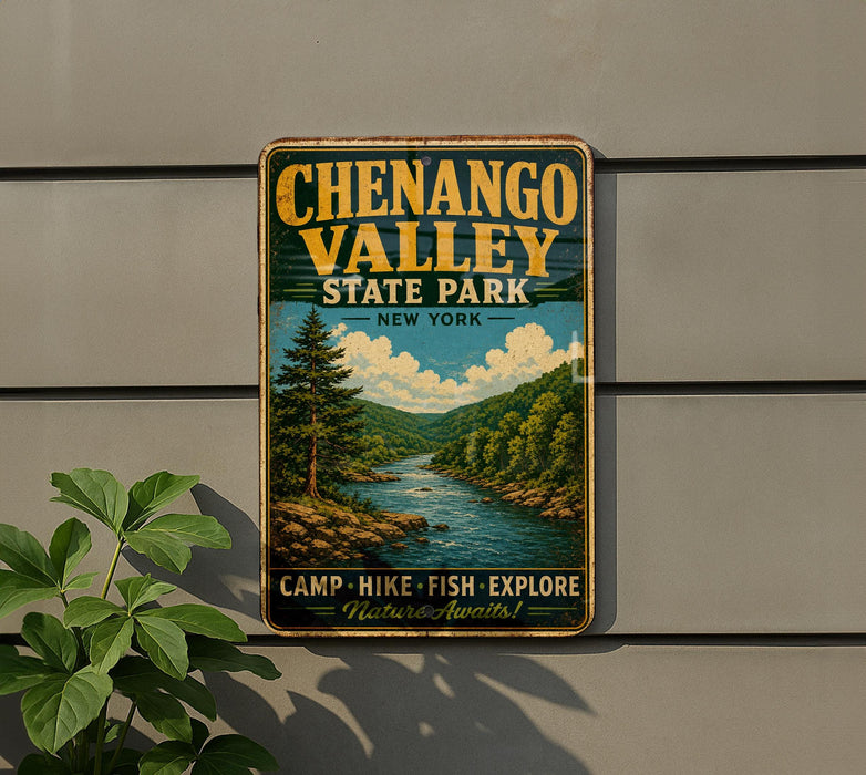 A vintage-style metal sign for Chenango Valley State Park, featuring a scenic landscape with a river and mountains, mounted on a gray wall.