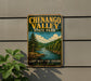 A vintage-style metal sign for Chenango Valley State Park, featuring a scenic landscape with a river and mountains, mounted on a gray wall.