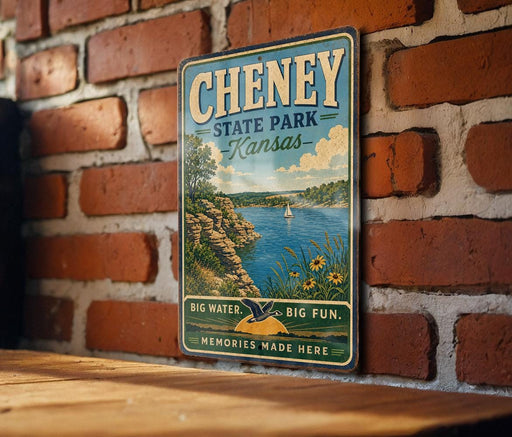 A vintage-style metal sign for Cheney State Park in Kansas, featuring a scenic illustration of a lake, mountains, and a sailboat.