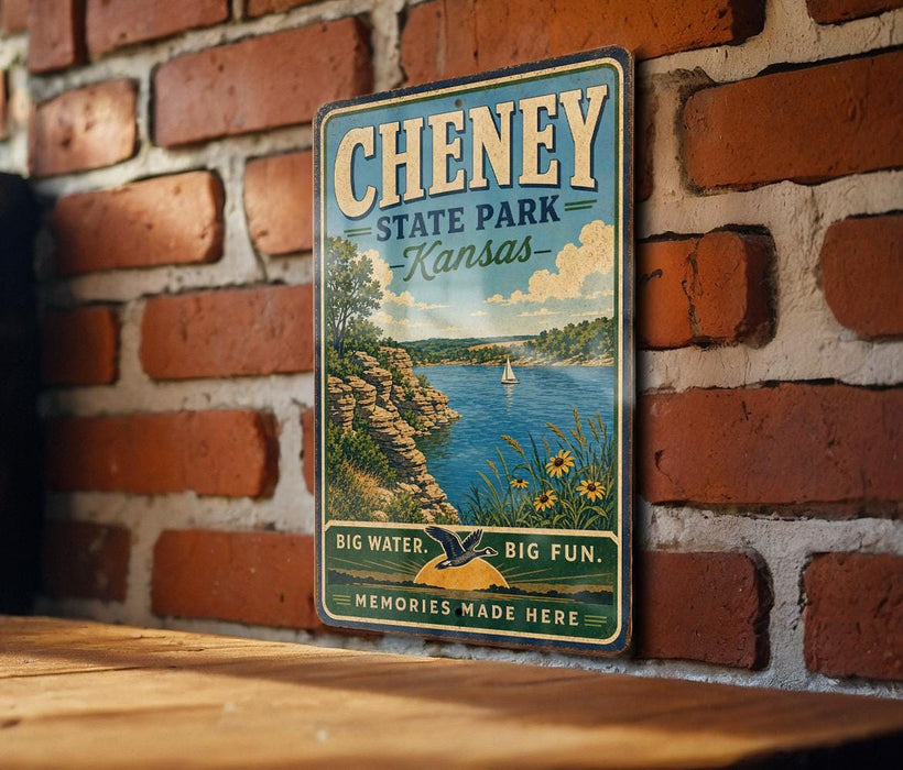 A vintage-style metal sign for Cheney State Park in Kansas, featuring a scenic illustration of a lake, mountains, and a sailboat.