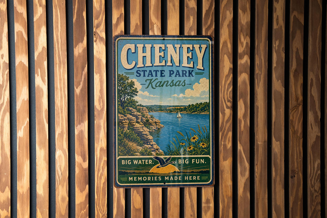 A vintage metal sign for Cheney State Park in Kansas, featuring a scenic illustration of a lake and mountains.