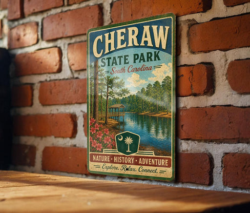 A vintage-style metal sign for Cherraw State Park in South Carolina, featuring a scenic image of a lake surrounded by trees and a cabin.