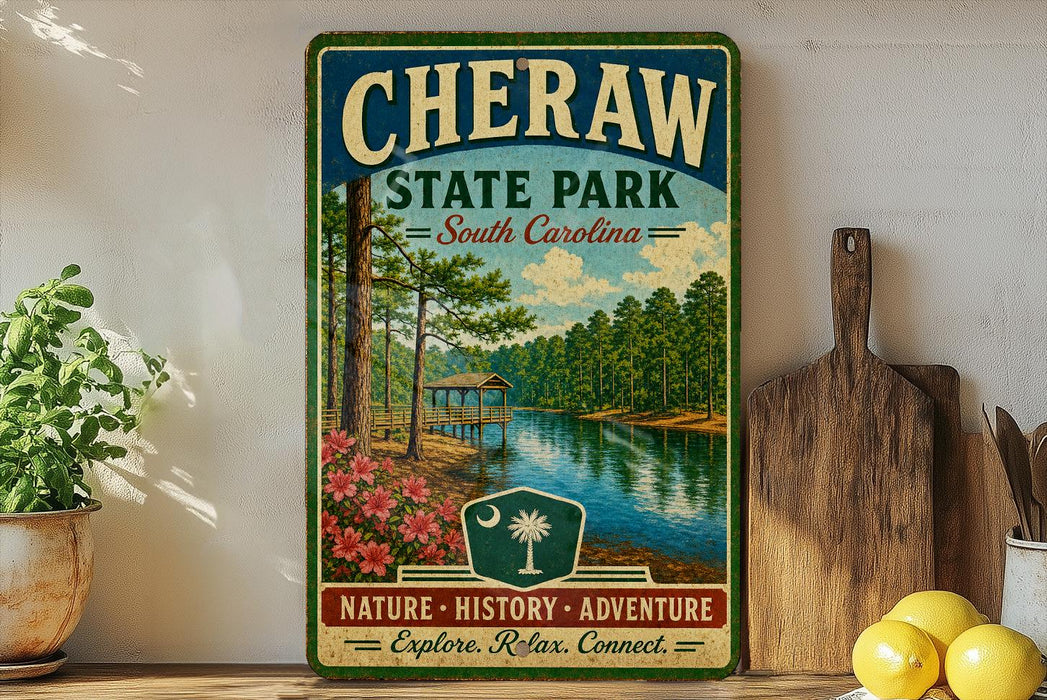 A vintage-style metal sign for Cheraw State Park in South Carolina, featuring a scenic image of a lake surrounded by pine trees and a wooden dock.