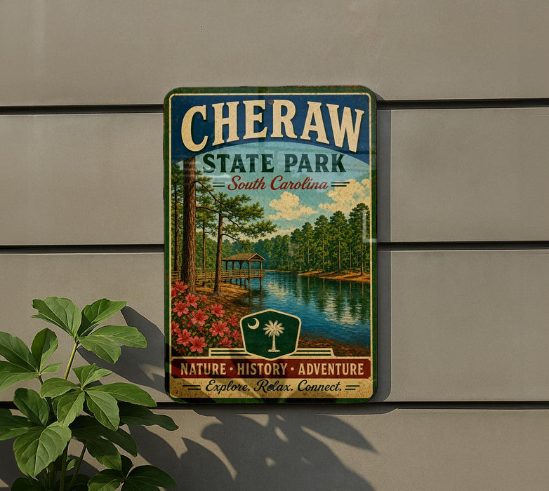 A vintage-style metal sign for Cheraw State Park in South Carolina, featuring a scenic landscape with a lake, trees, and a pier.