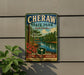 A vintage-style metal sign for Cheraw State Park in South Carolina, featuring a scenic landscape with a lake, trees, and a pier.