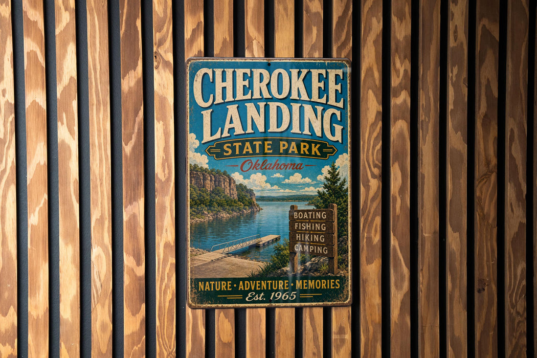 A vintage-style metal sign for Cherokee Landing State Park in Oklahoma, featuring a scenic image of the lake and surrounding landscape.