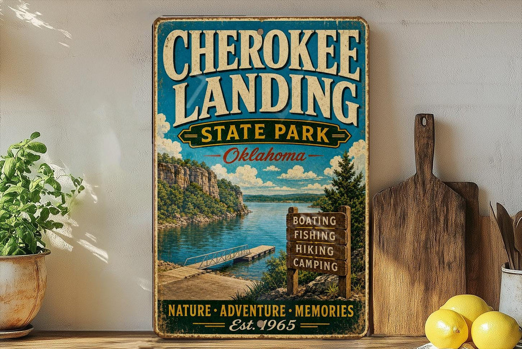 A vintage-style sign for Cherokee Landing State Park in Oklahoma, featuring a scenic image of the park and its surrounding landscape.