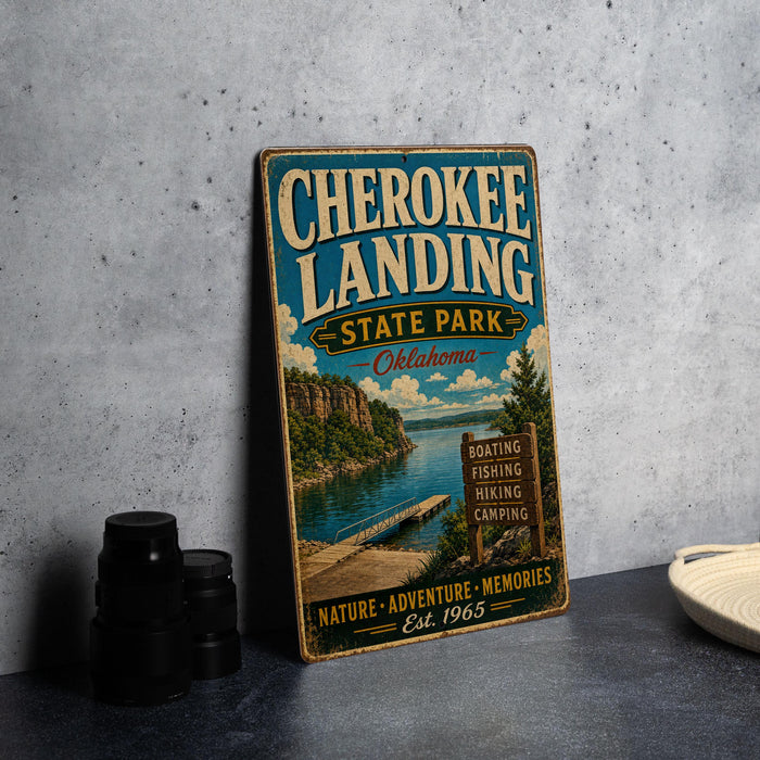 A vintage-style metal sign for Cherokee Landing State Park in Oklahoma, featuring a scenic image of the lake and surrounding landscape.