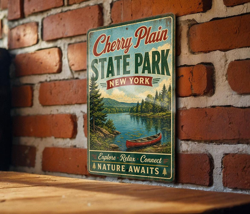 A vintage-style metal sign for Cherry Plain State Park in New York, featuring a scenic image of a lake with a canoe, mounted on a brick wall.