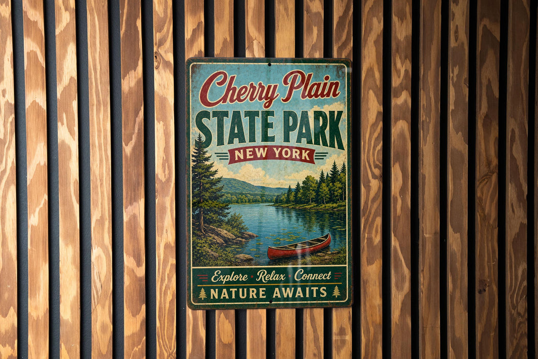 A vintage-style metal sign for Cherry Plain State Park in New York, featuring a scenic image of a lake and mountains with a canoe.