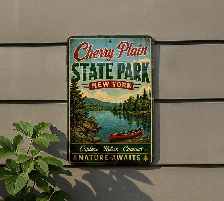 A vintage-style sign for Cherry Plain State Park in New York, featuring a scenic image of a lake with a canoe, surrounded by pine trees and mountains.