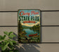 A vintage-style sign for Cherry Plain State Park in New York, featuring a scenic image of a lake with a canoe, surrounded by pine trees and mountains.
