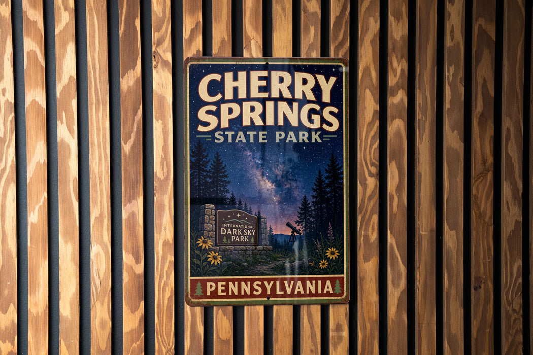A vintage-style metal sign for Cherry Springs State Park in Pennsylvania, featuring a night sky scene with stars and a waterfall.