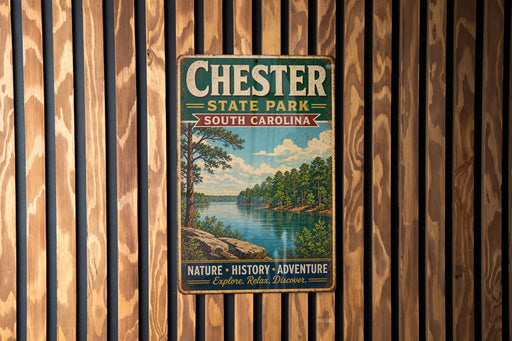 A vintage metal sign for Chester State Park in South Carolina, featuring a scenic landscape with a river and trees, mounted on a wooden wall.