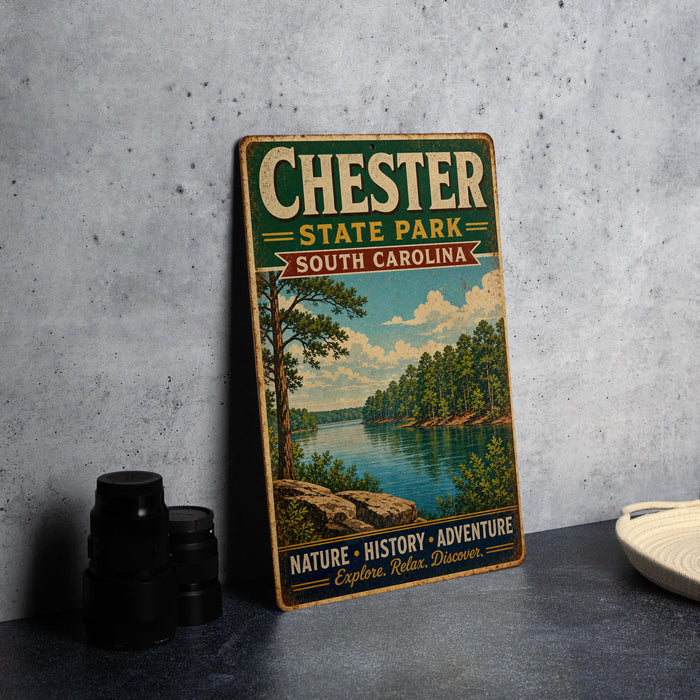 A vintage-style metal sign for Chester State Park in South Carolina, featuring a scenic landscape with a lake and trees.